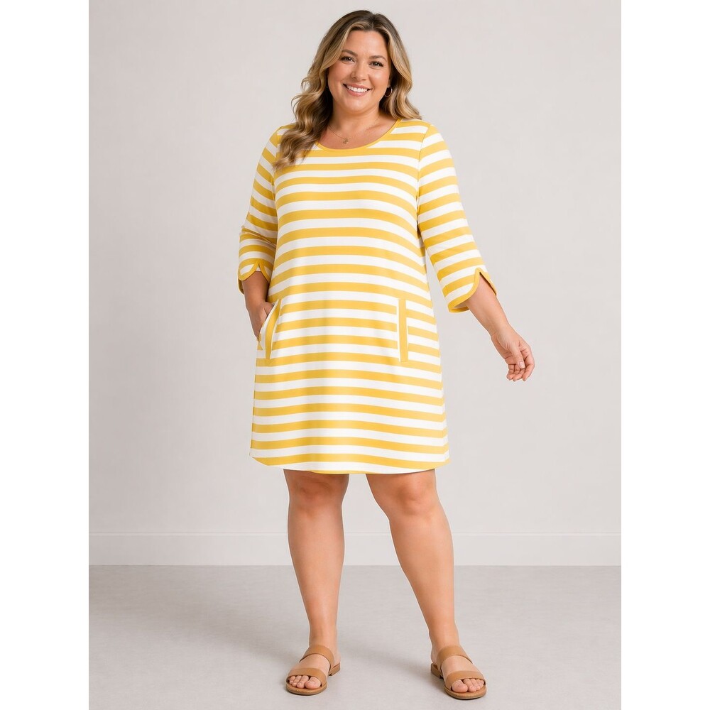 Lands End Yellow Striped Ponte Knit Sheath Dress Pockets 18W Nautical Preppy